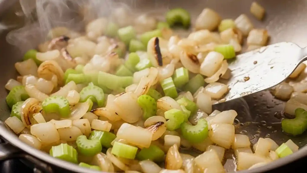 Sautéing onions and celery, the first step for a homemade turkey pot pie recipe filling.