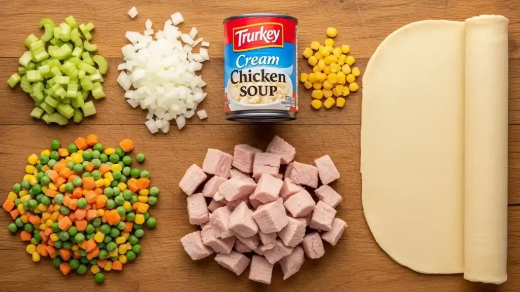 Flaky golden crust and creamy interior of a homemade turkey pot pie recipe.