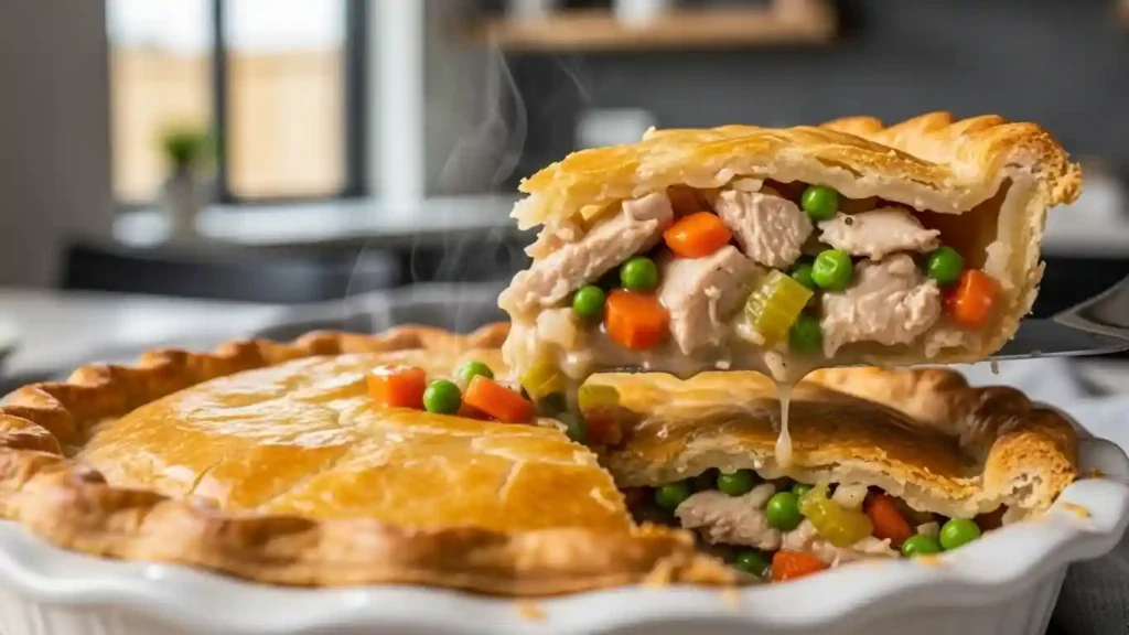 Flaky golden crust and creamy interior of a homemade turkey pot pie recipe.