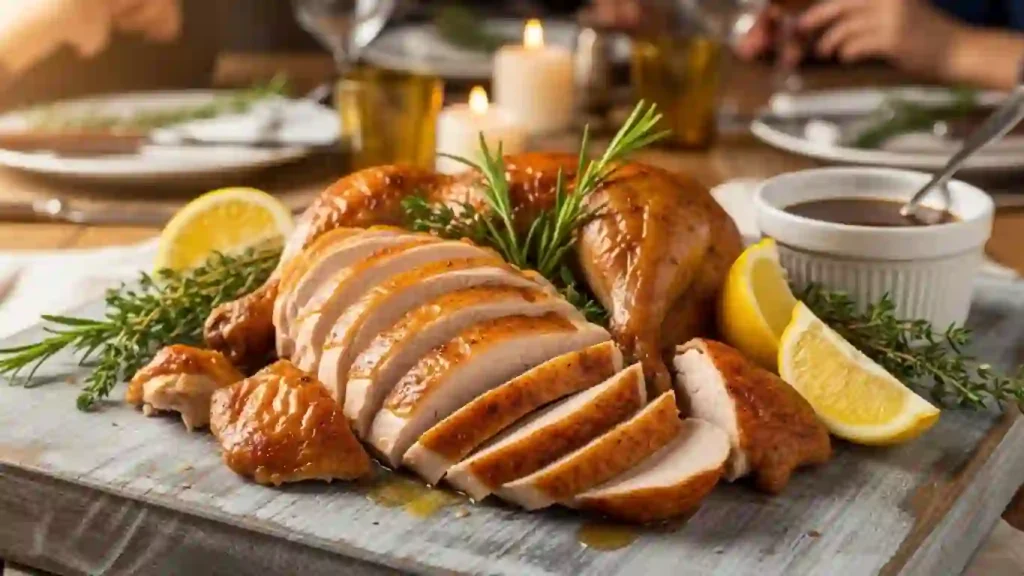 Carved whole roasted chicken on a cutting board with crispy skin, juicy slices, and pan drippings sauce