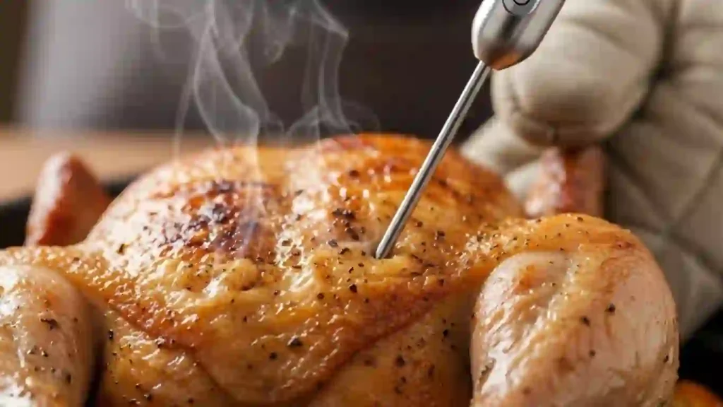 Checking whole roasted chicken doneness with a thermometer in the thigh at 165°F for safe, juicy meat