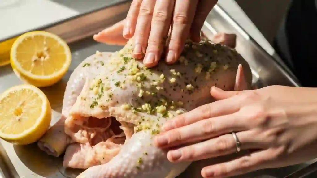 Seasoning a spatchcocked whole chicken with olive oil, garlic, rosemary, thyme, salt, pepper, and paprika
