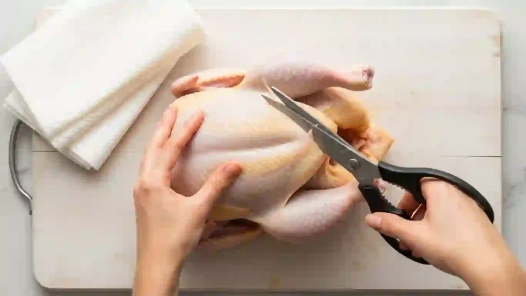 Butterflying a whole chicken by cutting out the backbone with kitchen shears on a cutting board