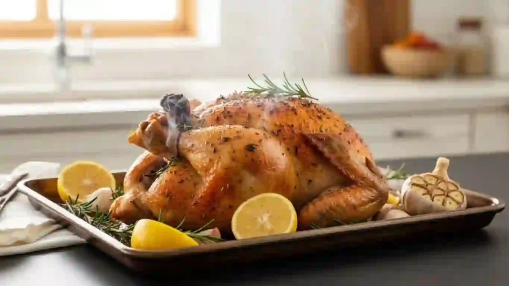Whole roasted chicken spatchcocked with crispy golden skin, herbs, garlic, and lemon on a sheet pan
