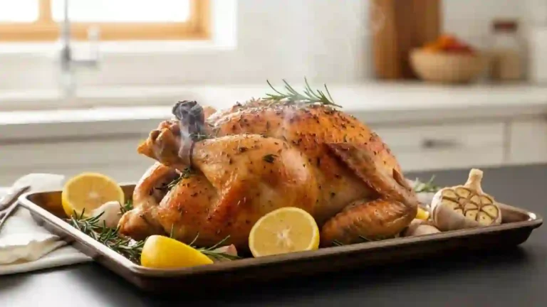 Whole roasted chicken spatchcocked with crispy golden skin, herbs, garlic, and lemon on a sheet pan