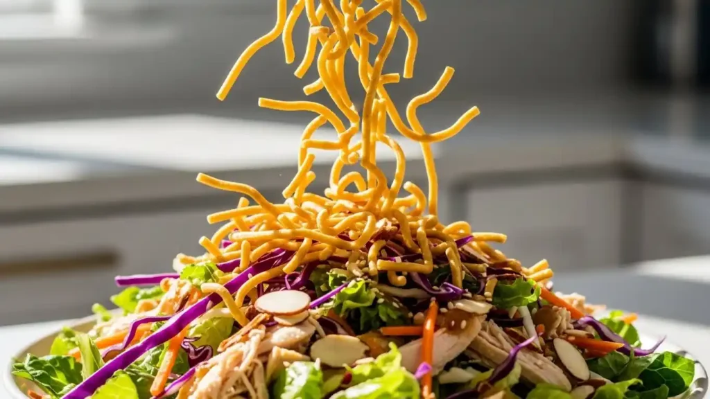 Crispy chow mein noodles added to Asian chicken salad for crunch
