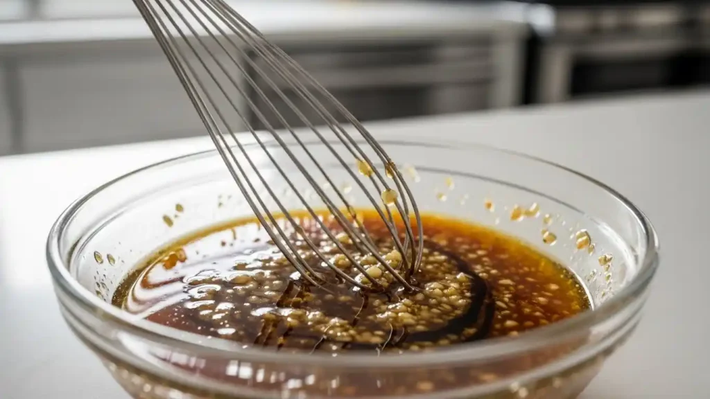 Sesame ginger dressing being whisked for Asian chicken salad