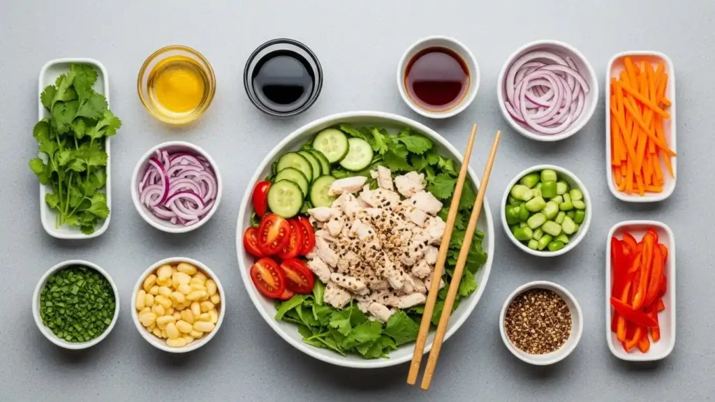 Asian chicken salad ingredients arranged on a modern kitchen countertop