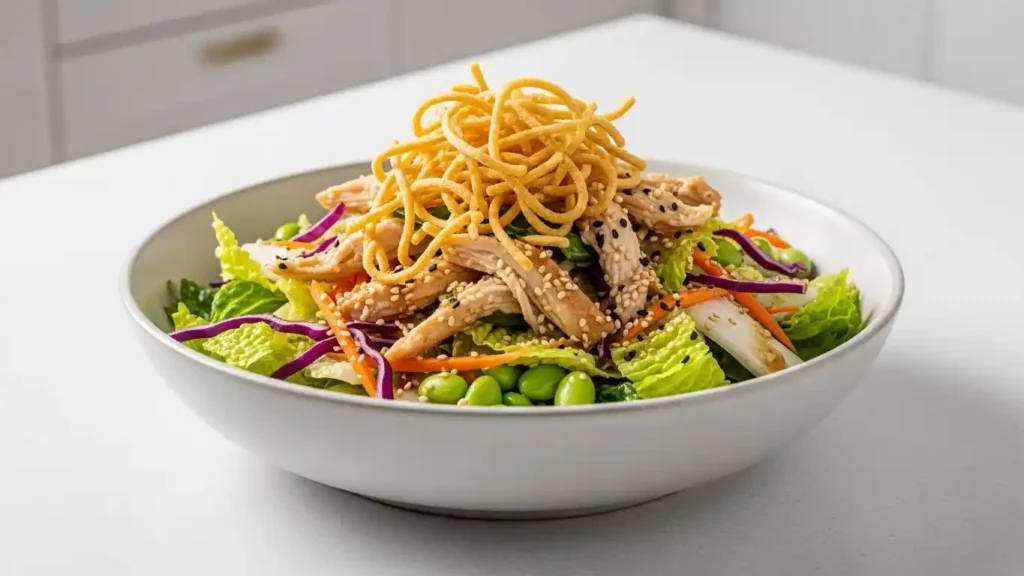 Asian chicken salad with crunchy noodles and sesame ginger dressing in a modern kitchen