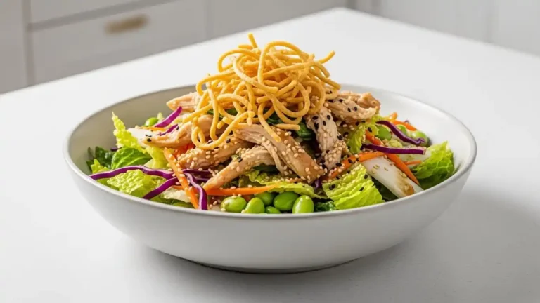 Asian chicken salad with crunchy noodles and sesame ginger dressing in a modern kitchen