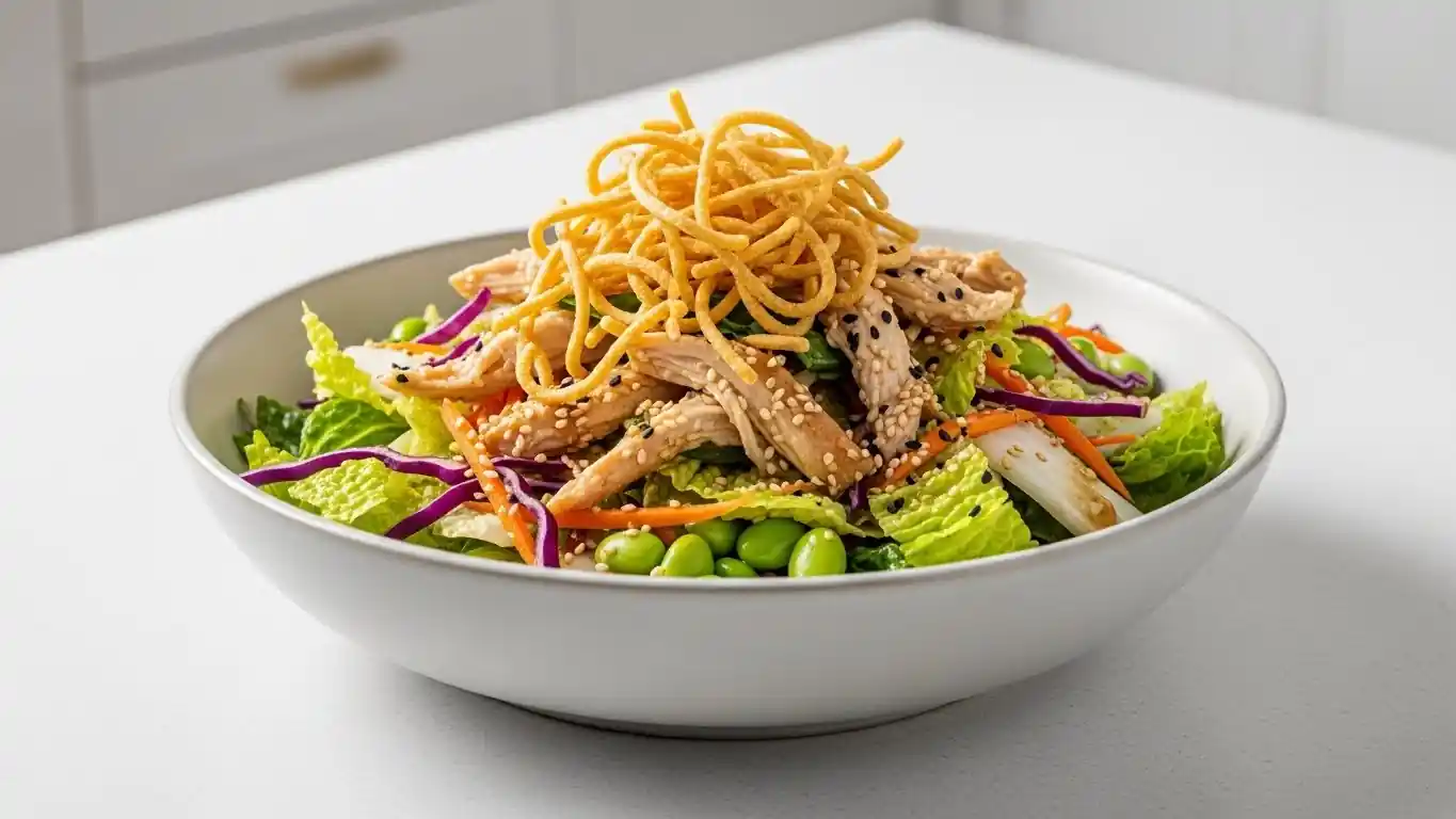 Asian chicken salad with crunchy noodles and sesame ginger dressing