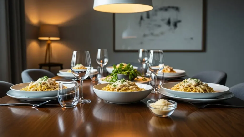Creamy garlic parmesan chicken pasta served for a cozy family dinner