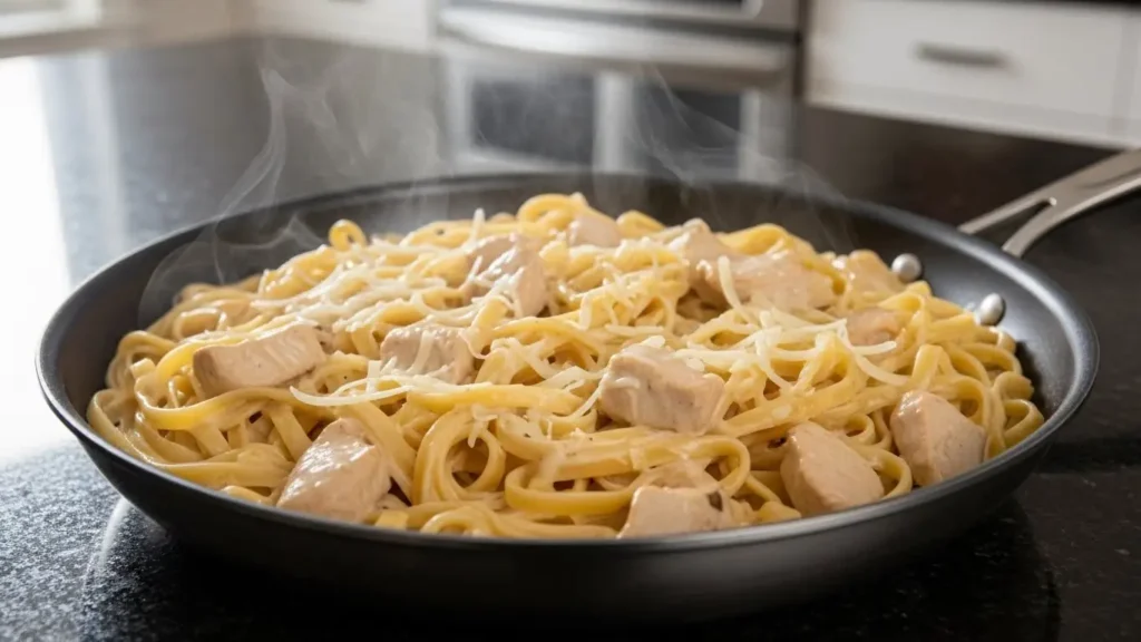Creamy garlic parmesan sauce coating chicken pasta