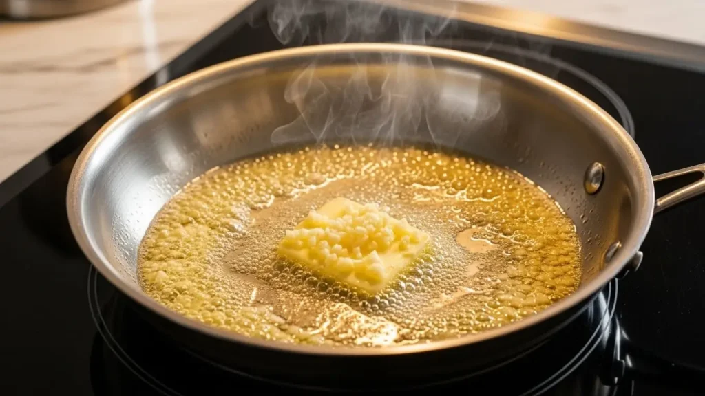 Garlic butter gently cooking for creamy garlic parmesan chicken pasta