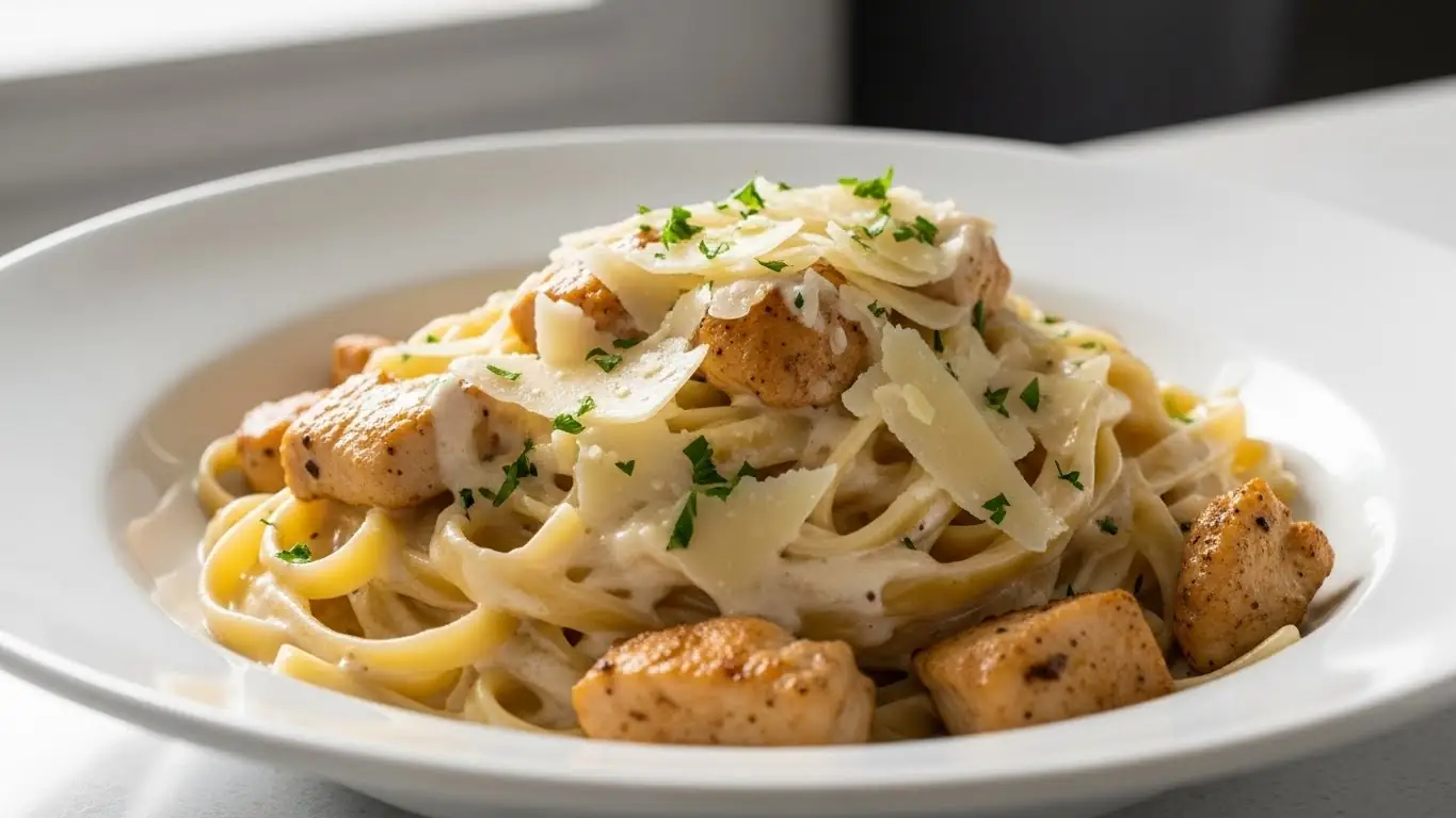 creamy garlic parmesan chicken pasta served with tender chicken and silky cream sauce