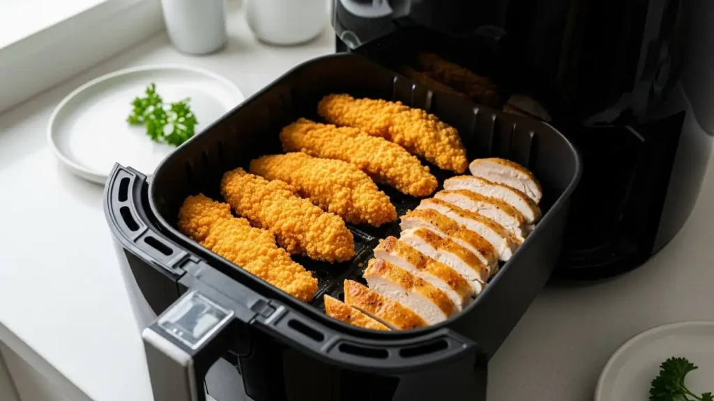 Crispy air fryer chicken tenders and sliced juicy chicken breast in an air fryer basket -Easy chicken recipes-