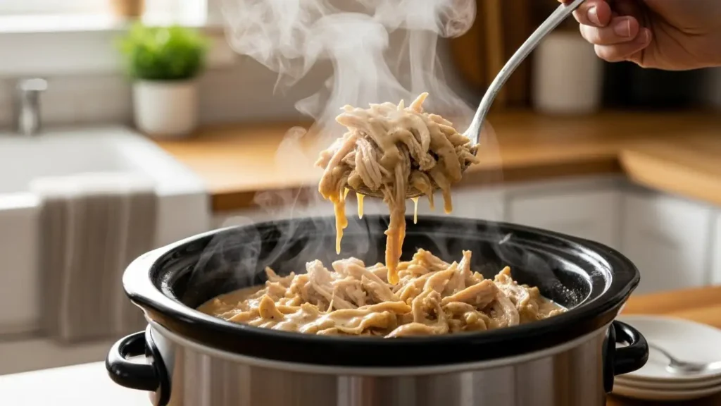 Slow cooker shredded chicken in gravy with steam rising in a cozy kitchen -Easy chicken recipes-