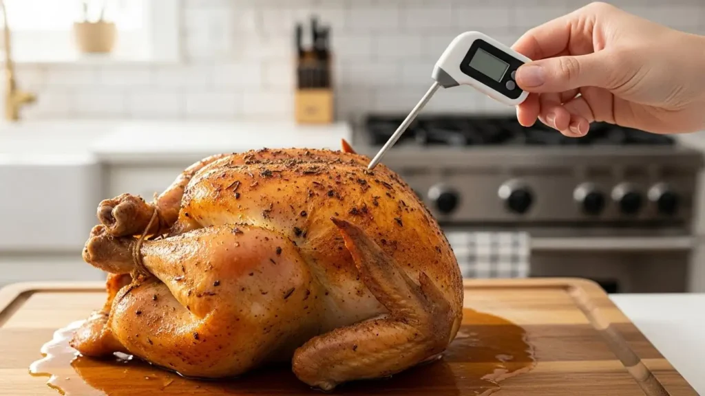 Meat thermometer checking chicken doneness for perfectly juicy results every time