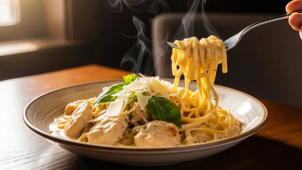 Creamy chicken pasta topped with parmesan and basil in a restaurant-style bowl