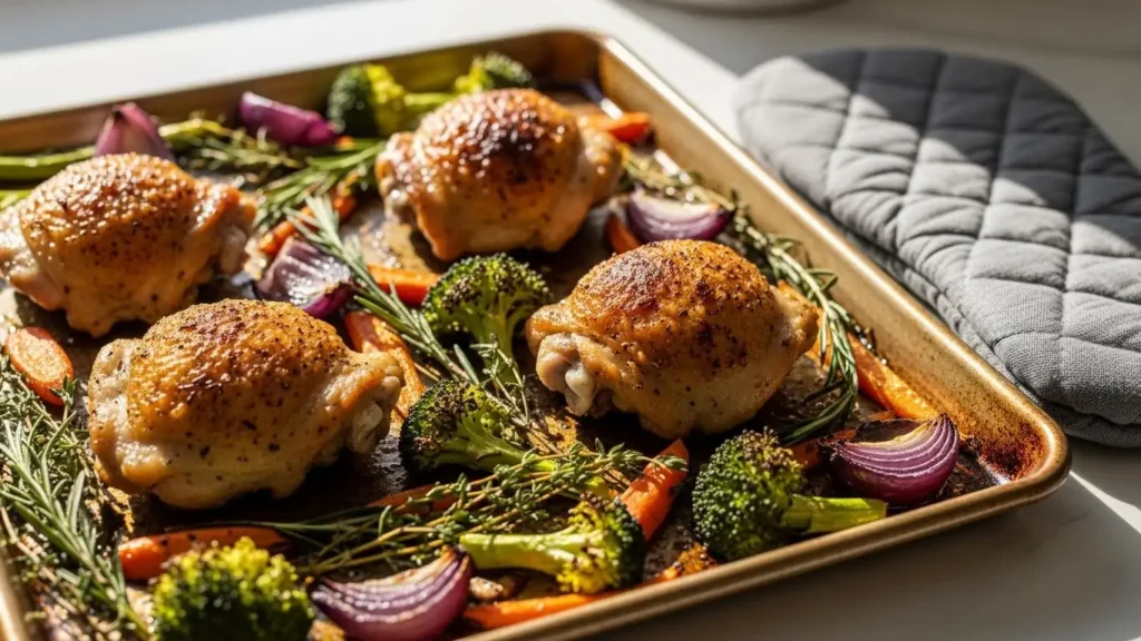 Oven baked chicken thighs with roasted vegetables on a sheet pan -Easy chicken recipes-