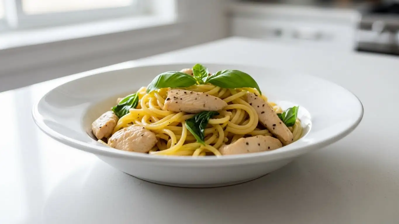 lemon basil chicken pasta served with fresh basil and tender chicken