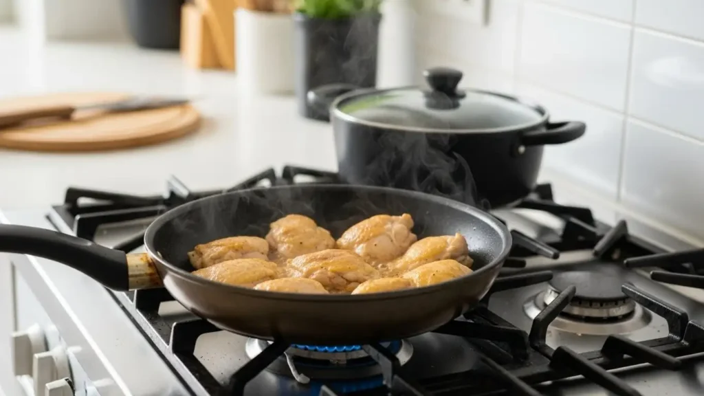 Chicken cooking in a skillet for lemon basil chicken pasta