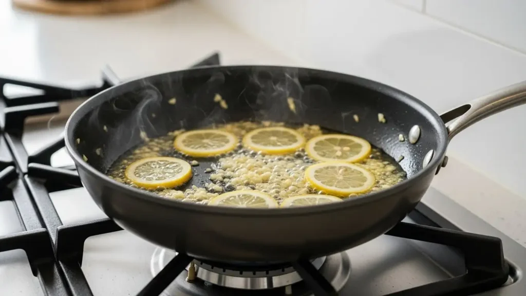 Lemon garlic sauce cooking gently in a skillet