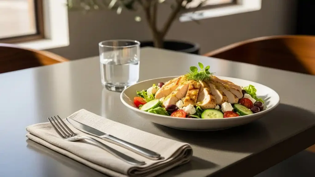 Mediterranean chicken salad served for healthy lunch or entertaining
