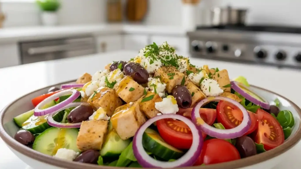 Healthy Mediterranean chicken salad with olive oil vinaigrette