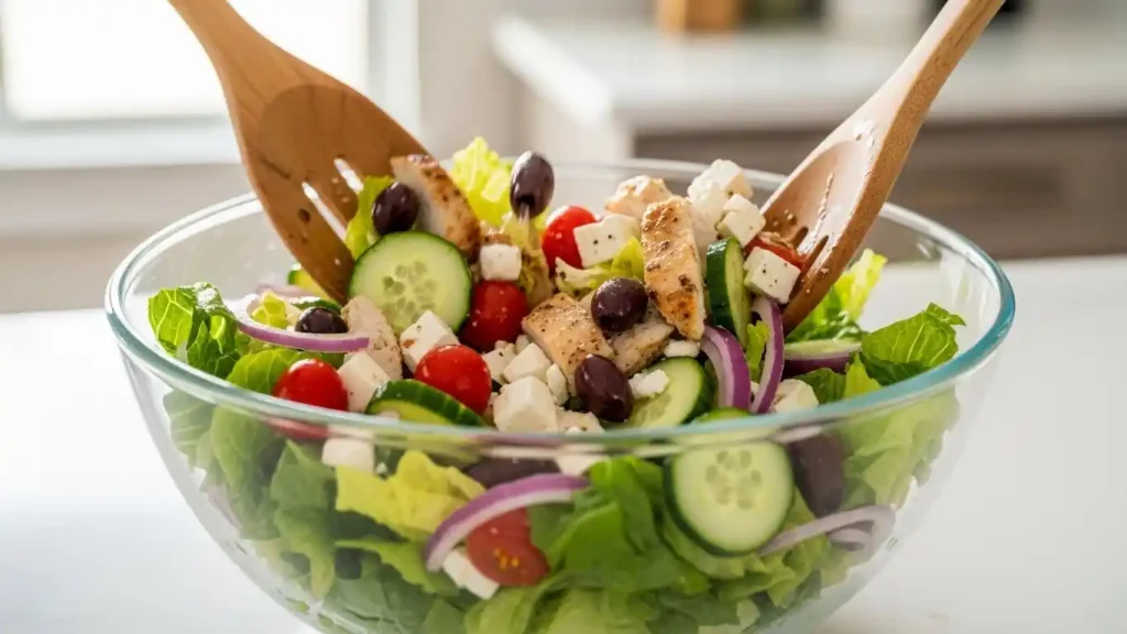 Mixing Mediterranean chicken salad with chicken vegetables and feta