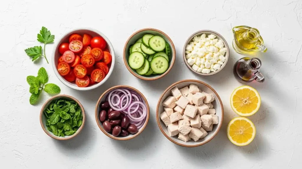 Mediterranean chicken salad ingredients laid out on modern kitchen surface