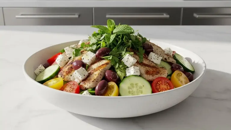 Mediterranean chicken salad with feta olives and fresh vegetables