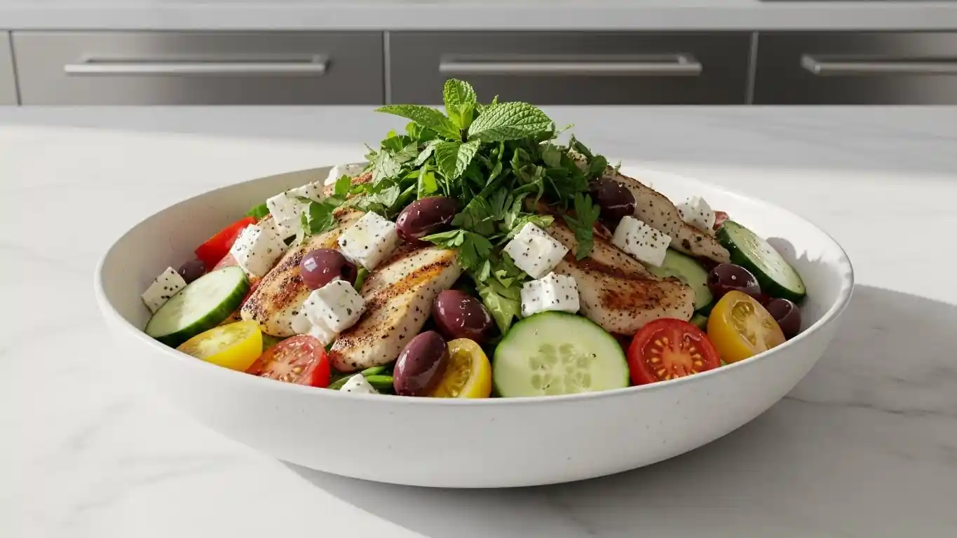 Mediterranean chicken salad with feta olives and fresh vegetables