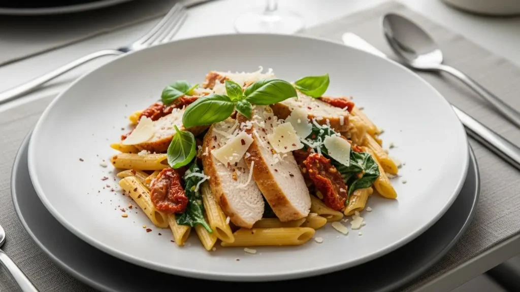 Served Tuscan chicken pasta garnished with basil and parmesan