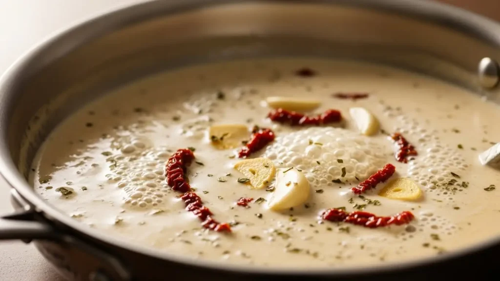 Creamy Tuscan sauce with sun-dried tomatoes and garlic