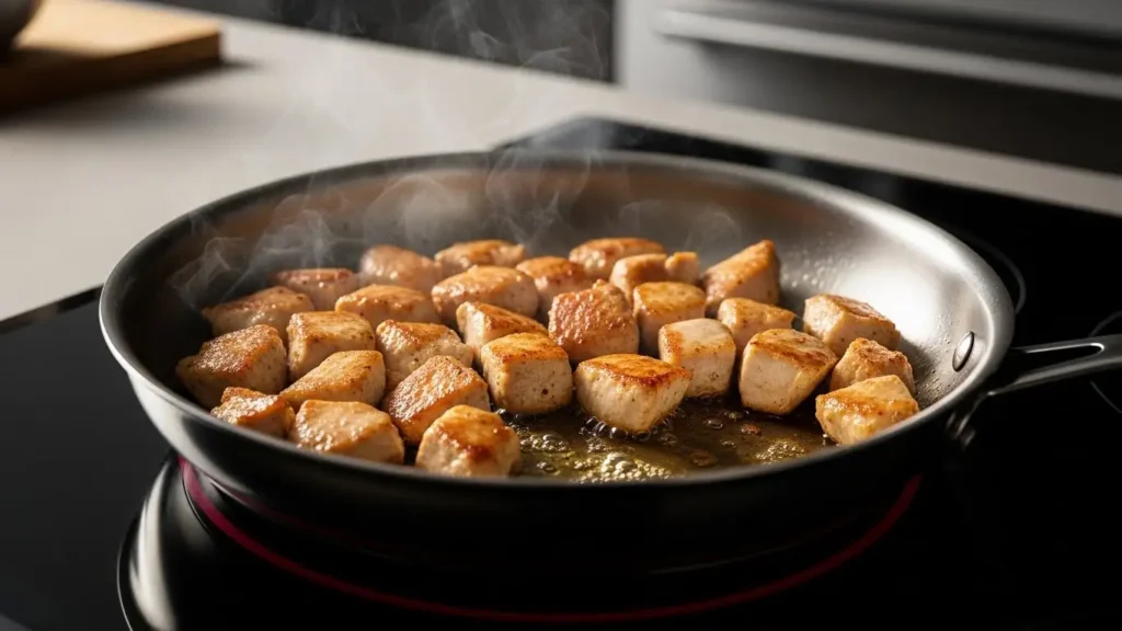 Chicken breast searing in skillet for Tuscan chicken pasta