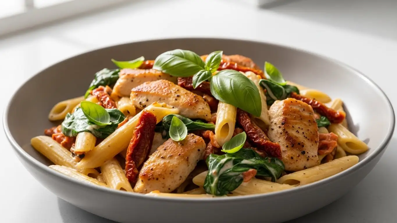 tuscan chicken pasta with creamy sauce, sun-dried tomatoes, and spinach