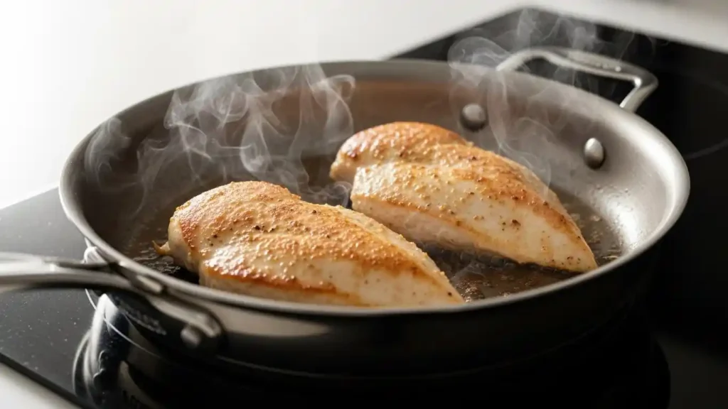 searing chicken breast in skillet for warm chicken salad